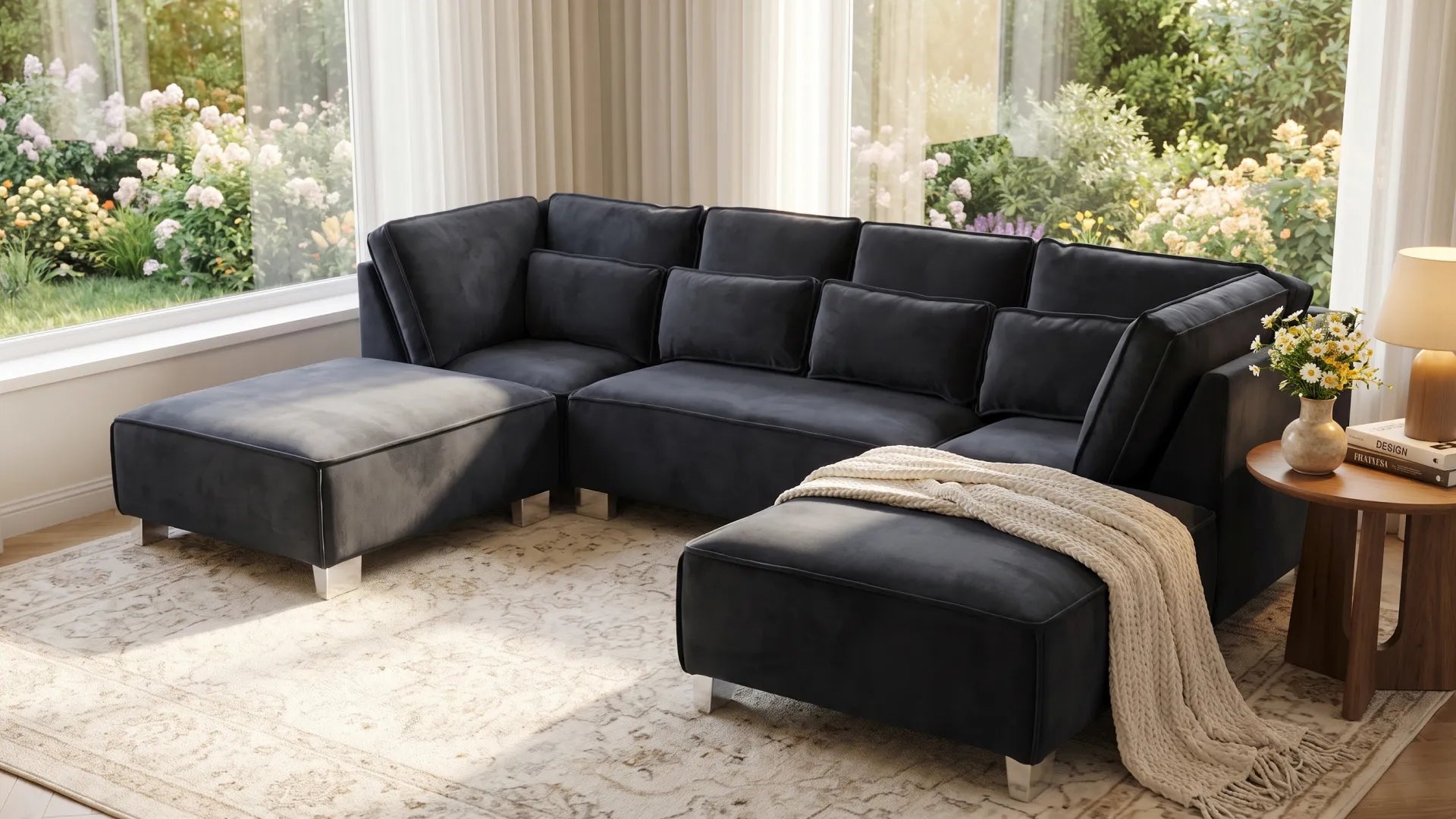 Sloane U Shape Black Velvet Corner Sofa