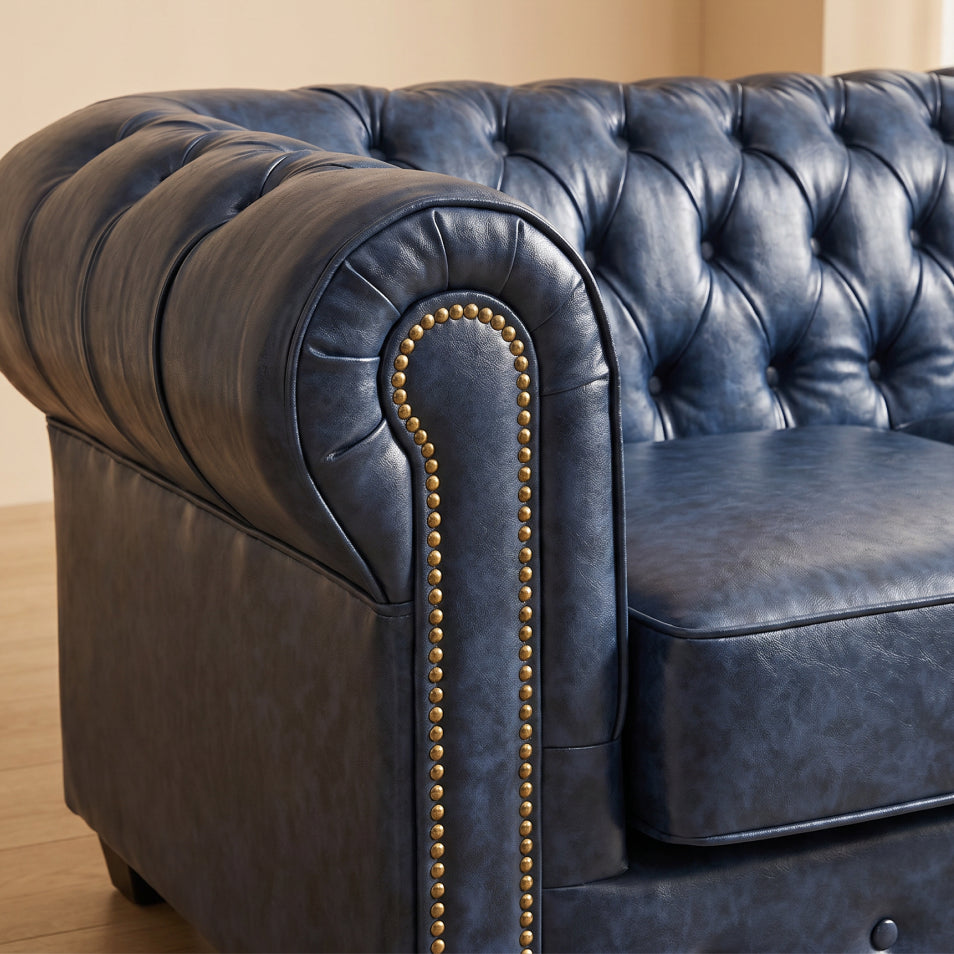 Chesterfield Blue Leather Antique 3 Seater Sofa