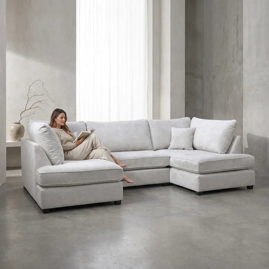 Carnaby Silver  Fabric U Shape High Back Corner Sofa + Footstool