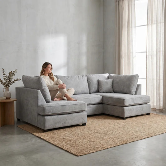 Carnaby Grey Fabric U Shape High Back Corner Sofa + Footstool