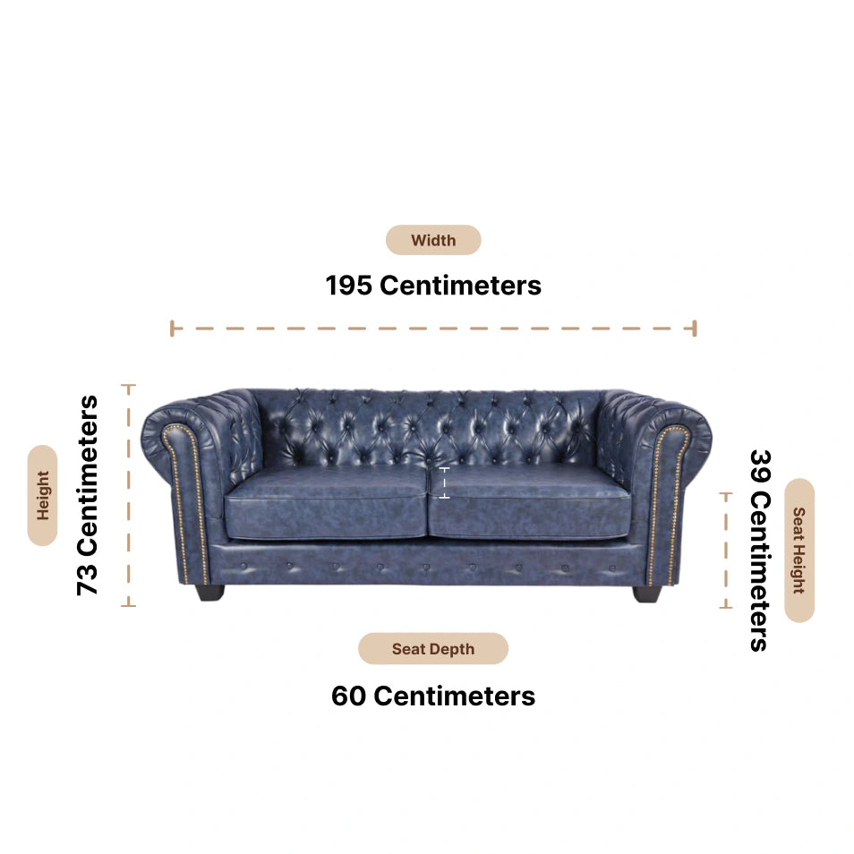 Chesterfield Blue Leather Antique 3 Seater Sofa