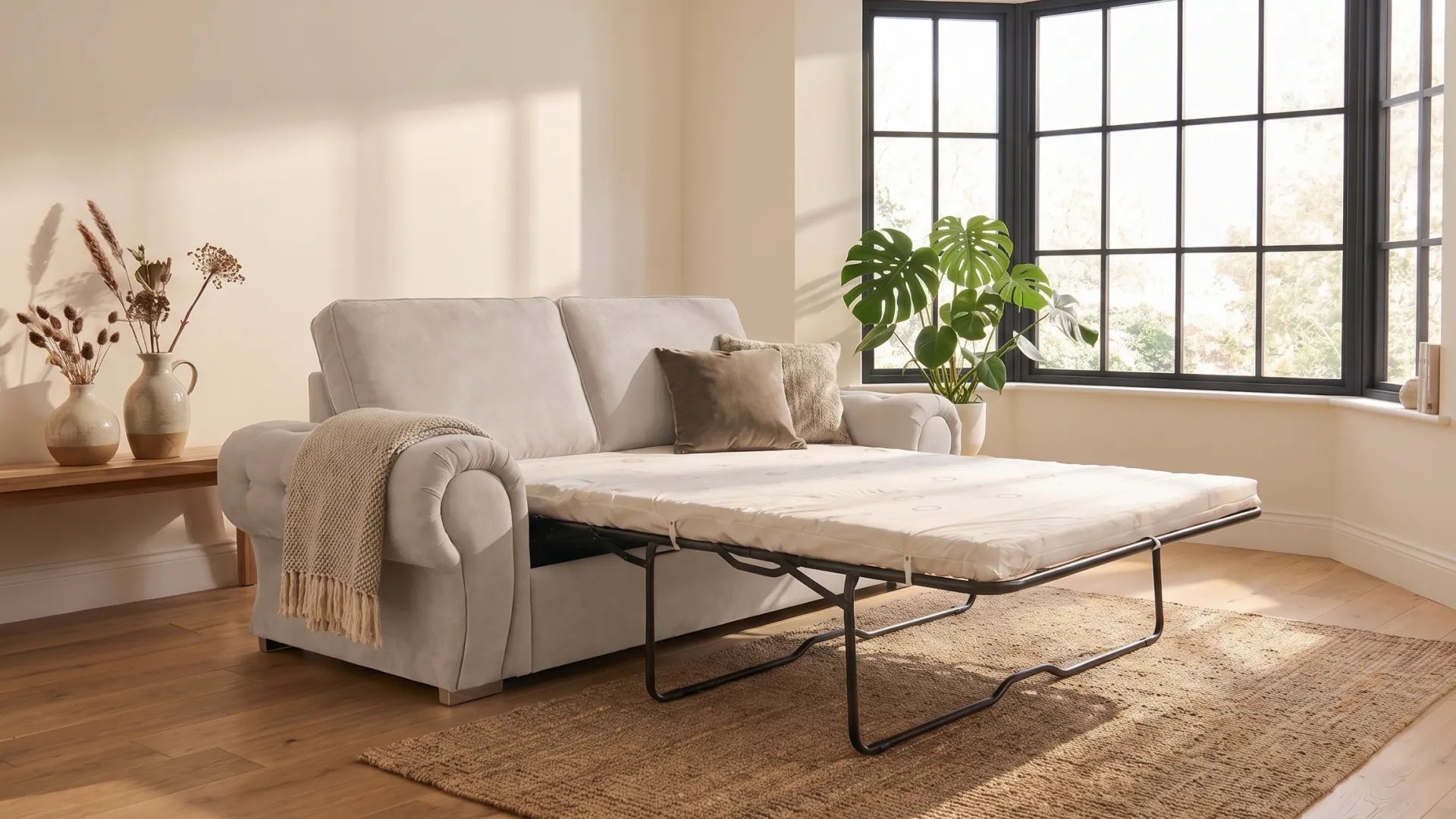 Verona High Back Cream Fabric 3 Seater Sofa Bed