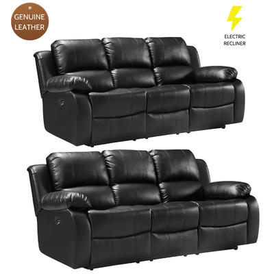 Valencia Genuine Black Leather 3+3 Seater Electric Power Recliner Sofa Set