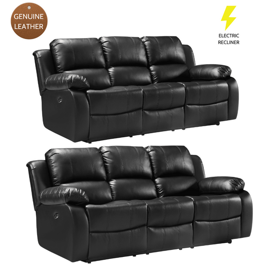 Two black leather 3 seater recliners with 'Genuine Leather' and 'Electric Recliner' labels on a white background.