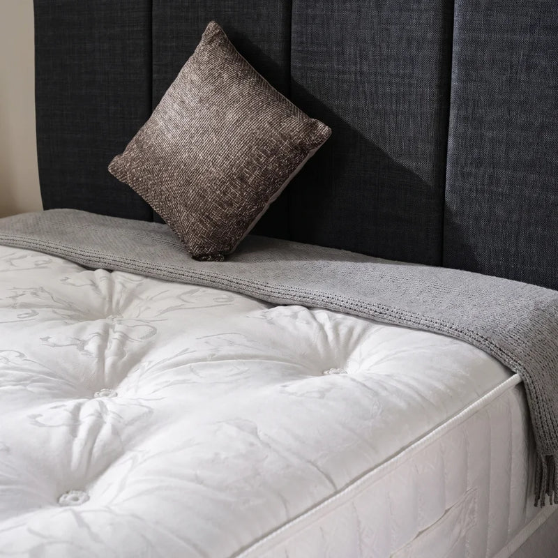 close up of charcoal headboard of bed