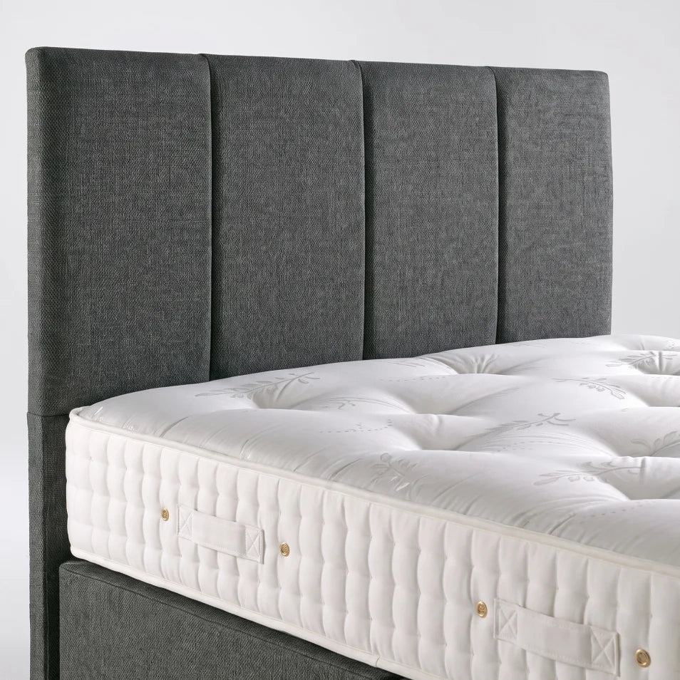 headboard of grey fabric sofa close up