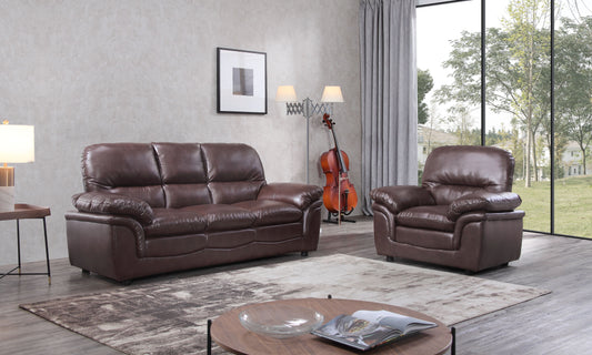 Brown leather sofa and chair set in a living room with large windows.