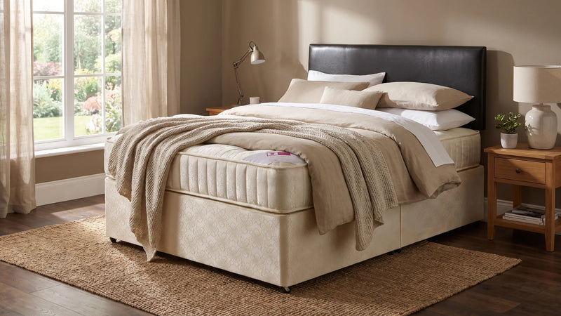 black leather bed in a room setting