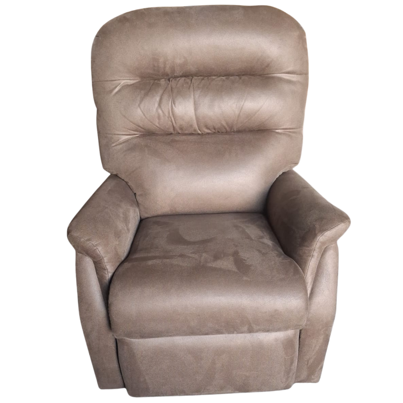 A taupe brown upholstered recliner chair with a high back and padded armrests, shown against a plain white background.