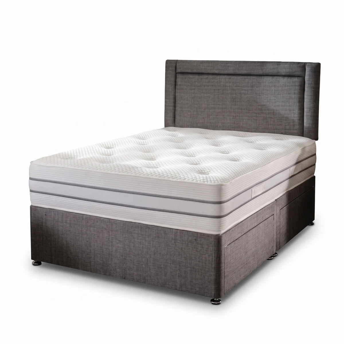Grey fabric bed in a white background