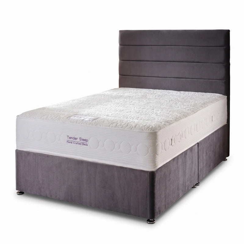 A twin-size bed frame with a dark gray upholstered base and headboard, fitted with a white textured mattress, shown on a plain white background.