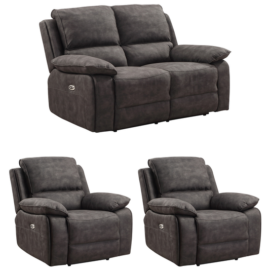 Gray recliner sofa set with two matching armchairs on a white background