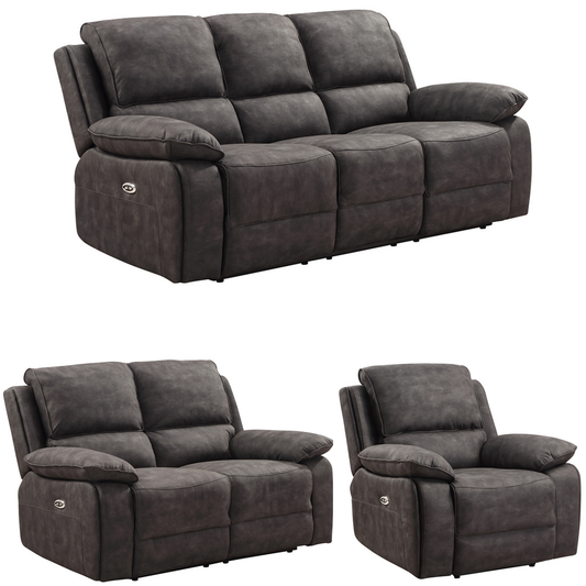 Gray reclining sofa set with two armchairs on a white background