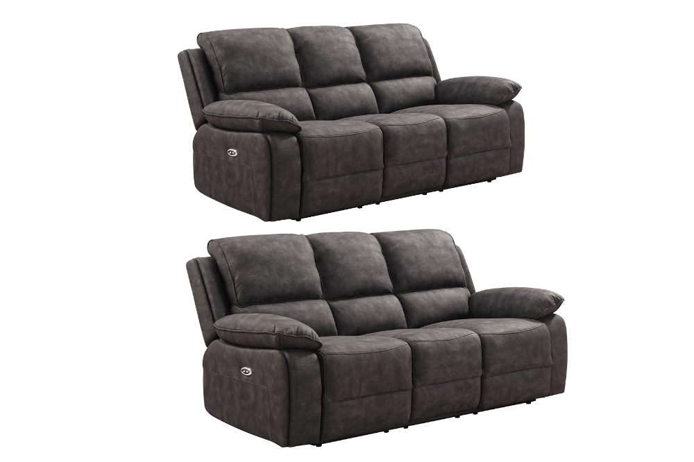 Maple Grey Suede Fabric Electric Recliner 3+3 Seater Sofa Set - Furniture Instore