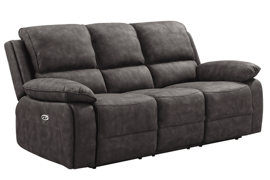 Premium grey suede electric recliner 3 seater with soft-touch fabric and ergonomic design on a white background