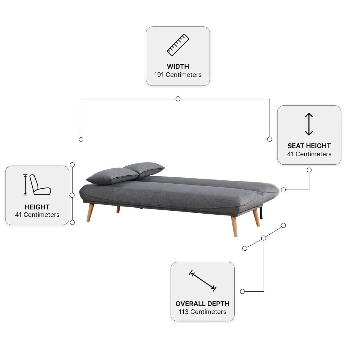 Alva Grey Sofa Bed — dimensions