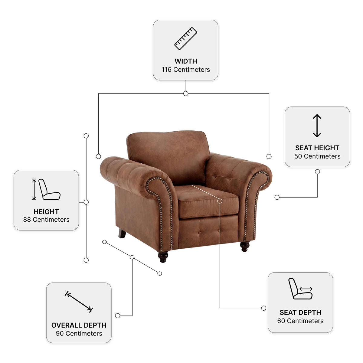 Oakland Tan Suede Armchair — Dimension diagram