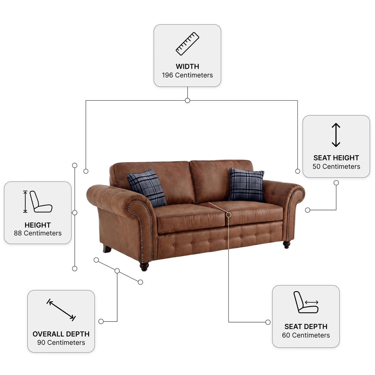 Oakland Tan Suede 3 Seater Sofa — Dimension diagram