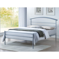 Grey metal bed in a bedroom setting.