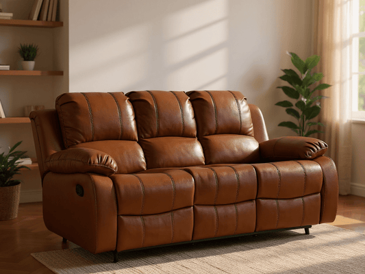 Valencia Tan Leather 3 Seater Manual Recliner Sofa - Furniture Instore