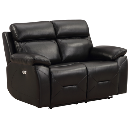 Renato black two-seater sofa angled view on a white background, showcasing modern design and sleek black upholstery.