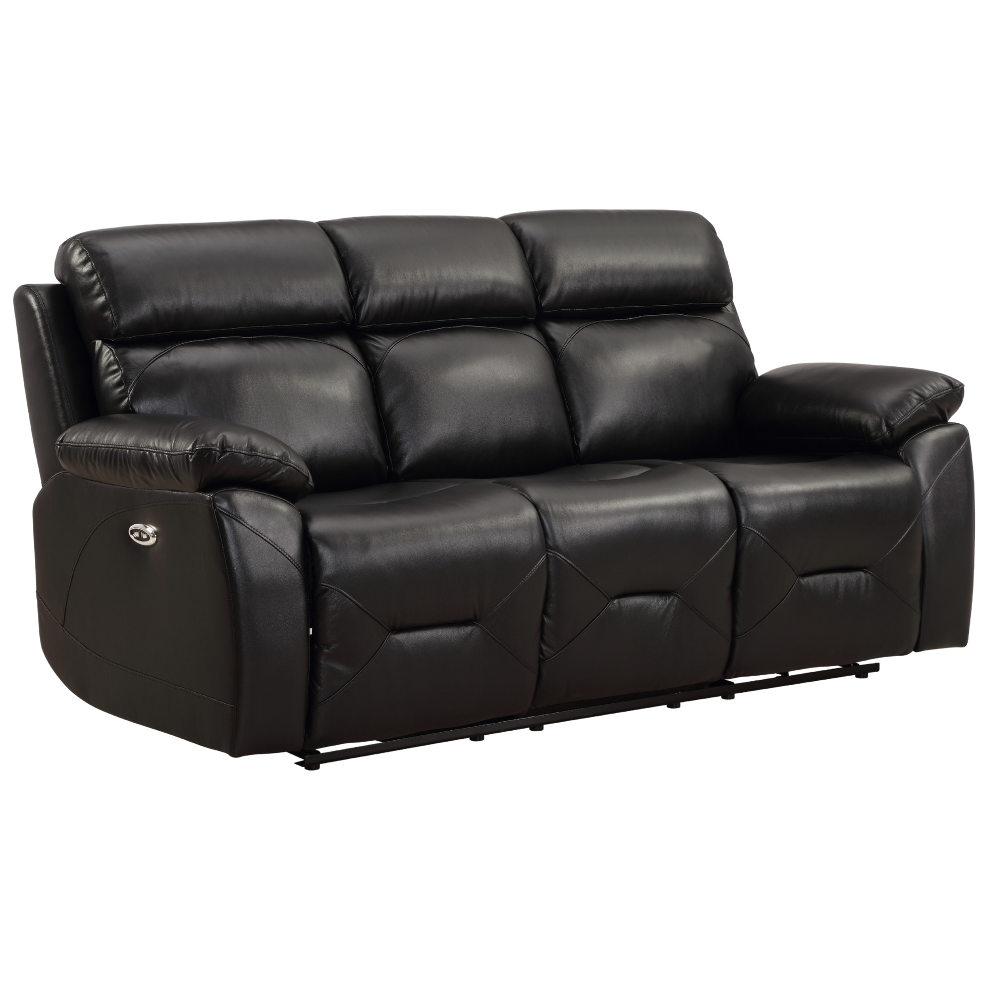 Renato black three-seater sofa angled view on a white background, showcasing modern design and sleek black upholstery.