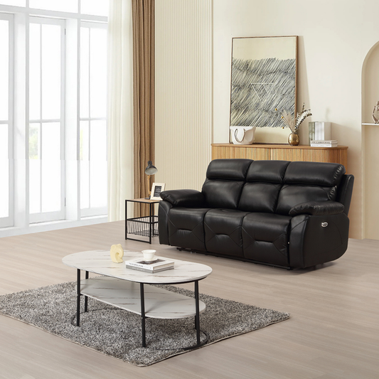 Renato black three-seater sofa in a modern living room setting, styled with neutral décor, soft lighting, and contemporary furnishings.
