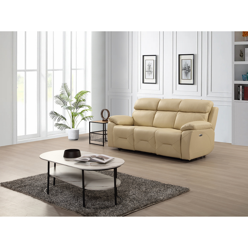 Renato cream three-seater sofa in a modern living room setting, styled with neutral décor, warm lighting, and contemporary furnishings.