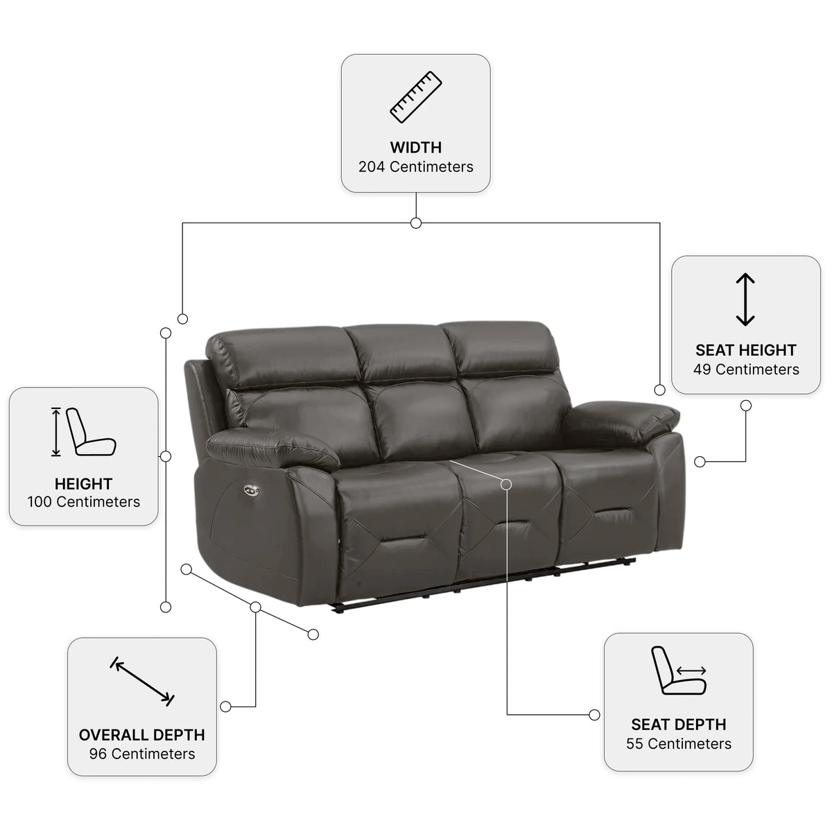 Renato Genuine Leather Grey Electric Power Recliner 3 Seater — Dimension diagram