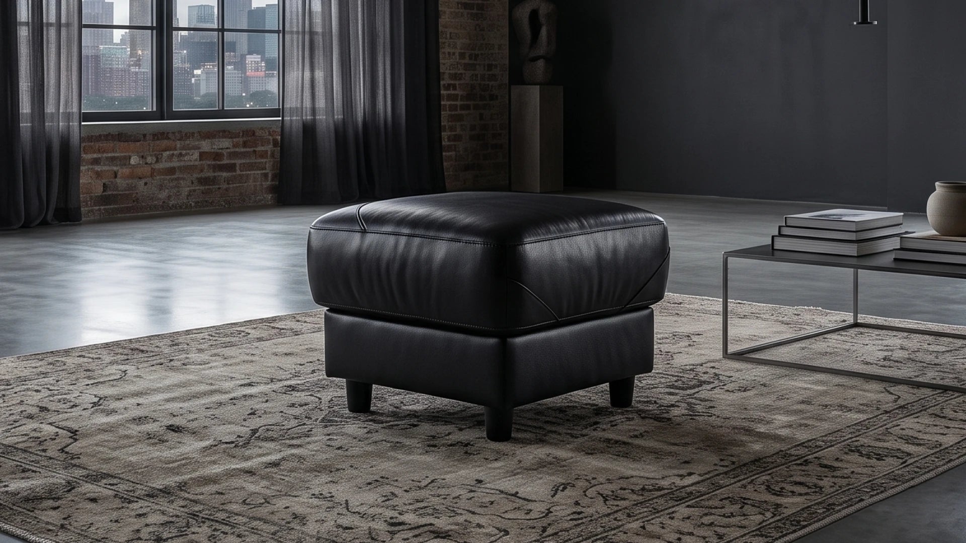 Rivello Genuine Leather Black Footstool
