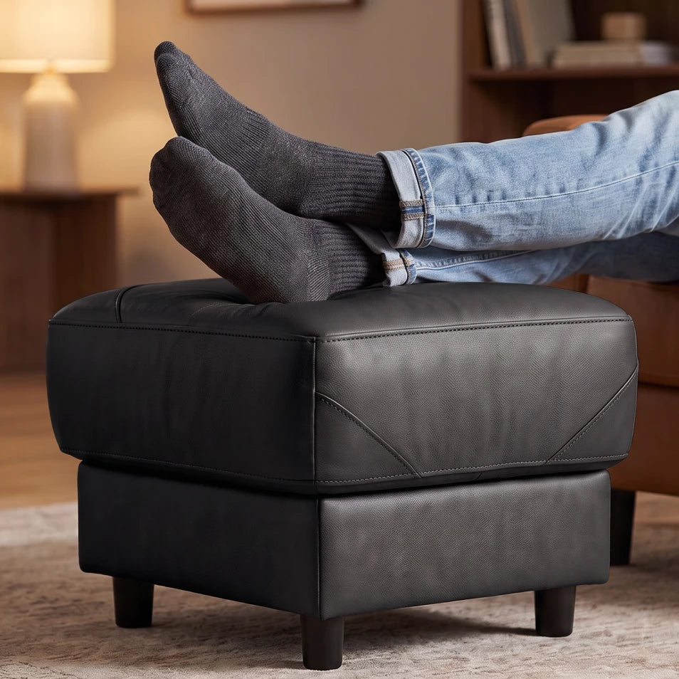 Rivello Genuine Leather Black Footstool