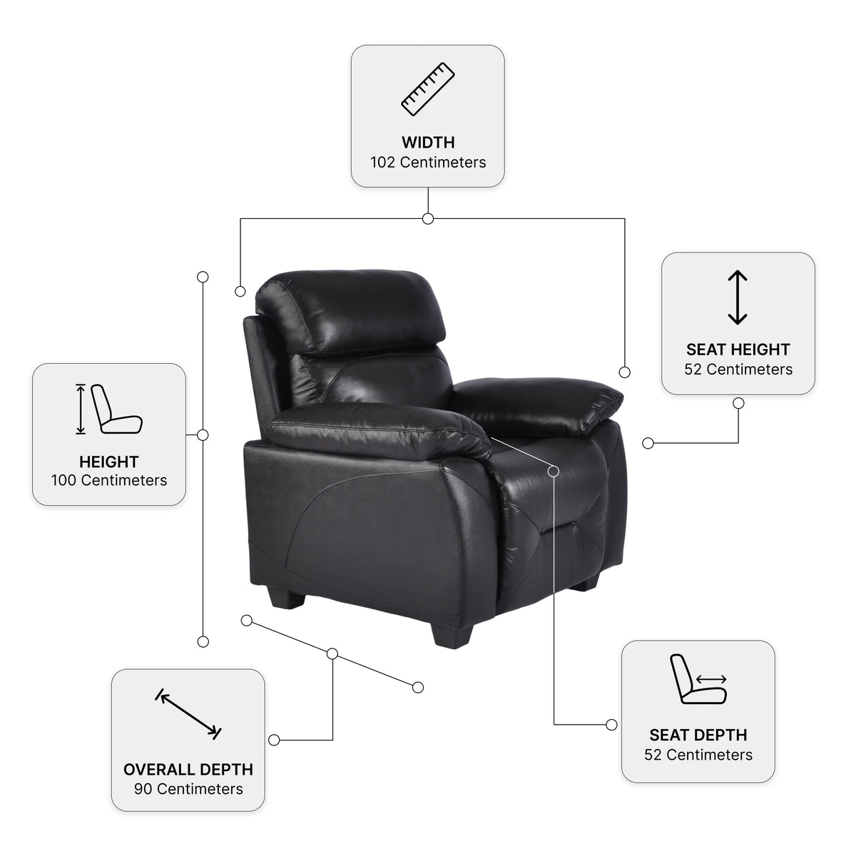 Rivello Genuine Leather Black Armchair — Dimension diagram