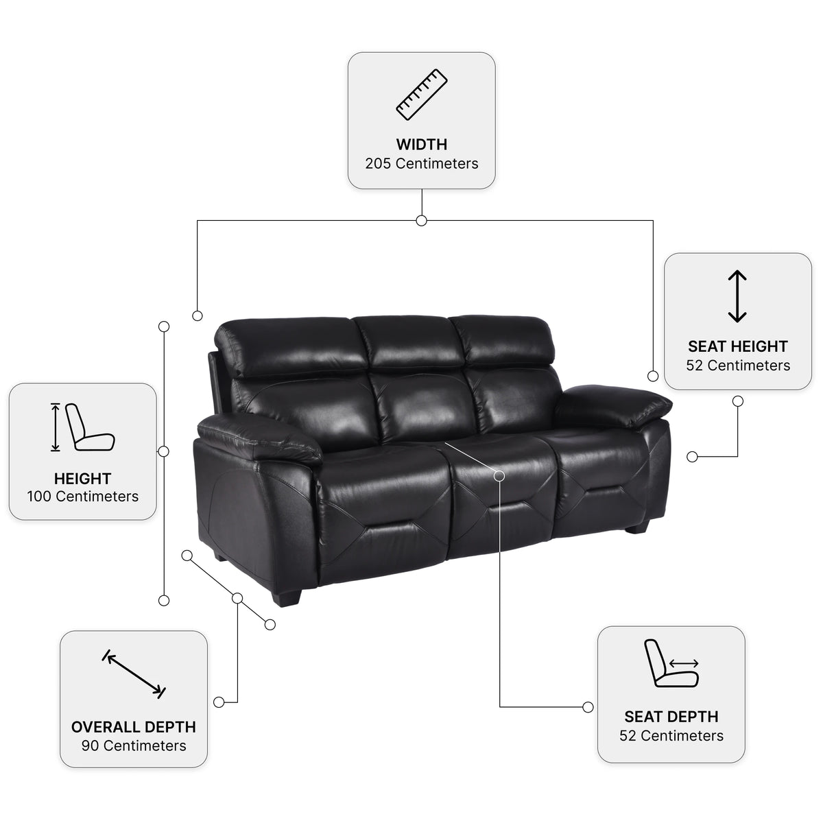 Rivello Genuine Leather Black 3 Seater Sofa — Dimension diagram