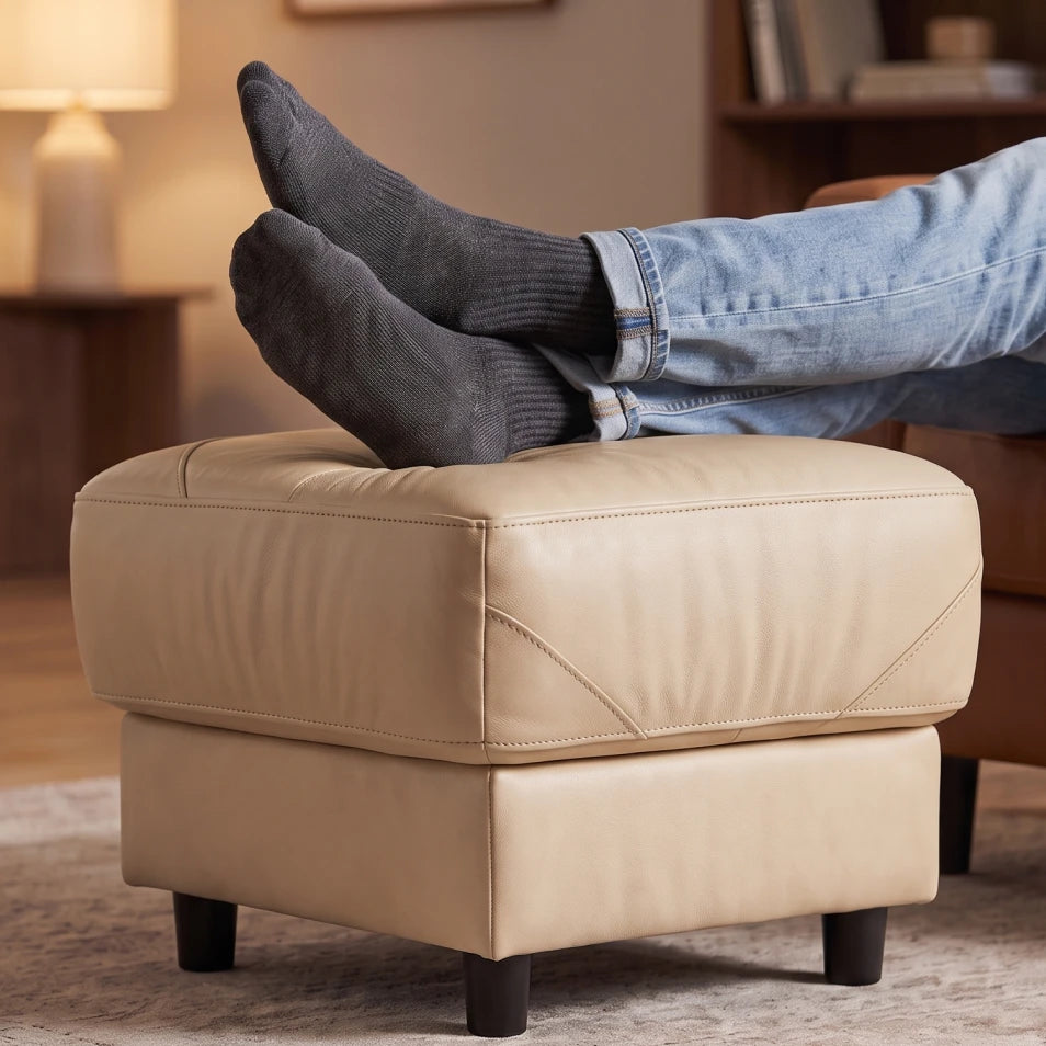 Rivello Genuine Leather Cream Footstool
