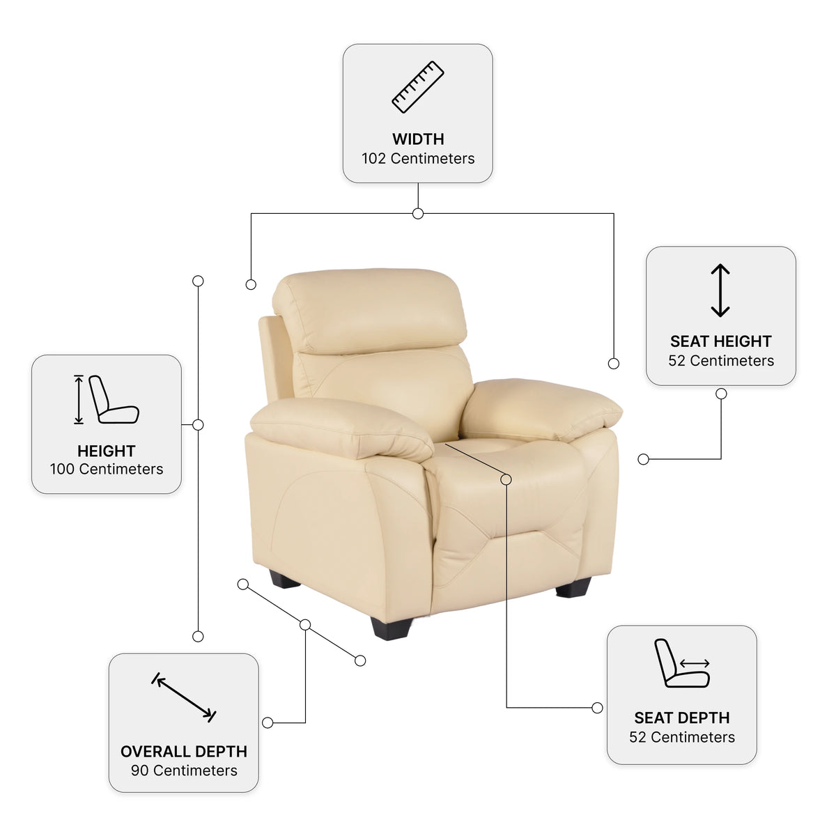 Rivello Genuine Leather Cream Armchair — Dimension diagram