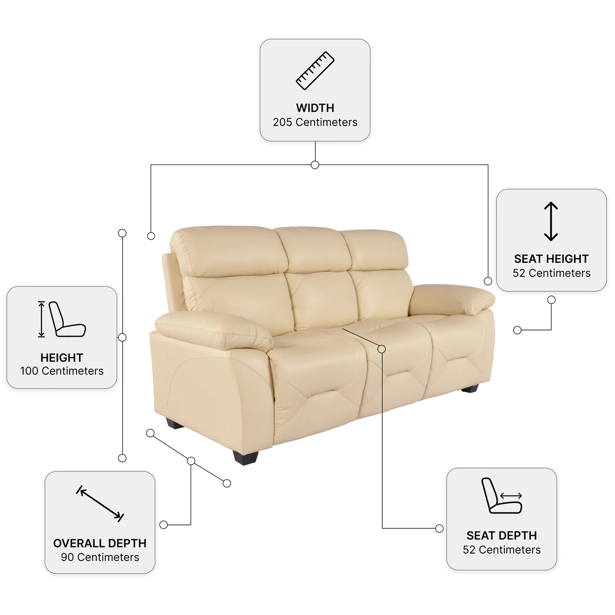 Rivello Genuine Leather Cream 3 Seater Sofa — Dimension diagram