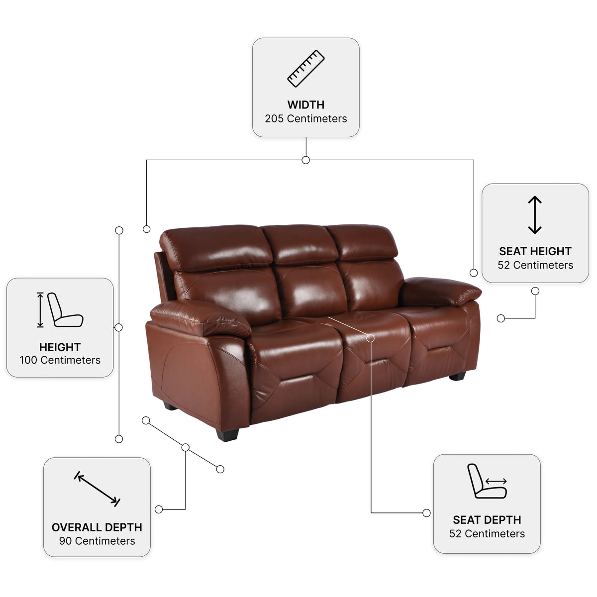 Rivello Genuine Leather Tan 3 Seater Sofa — Dimension diagram