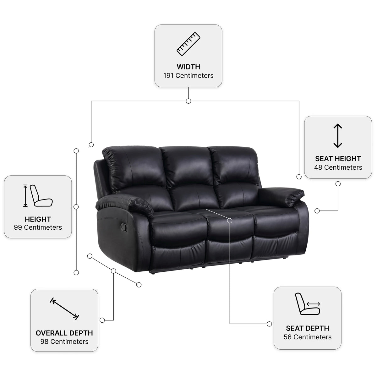 Roma Black Leather Manual Recliner 3 Seater Sofa — Dimension diagram