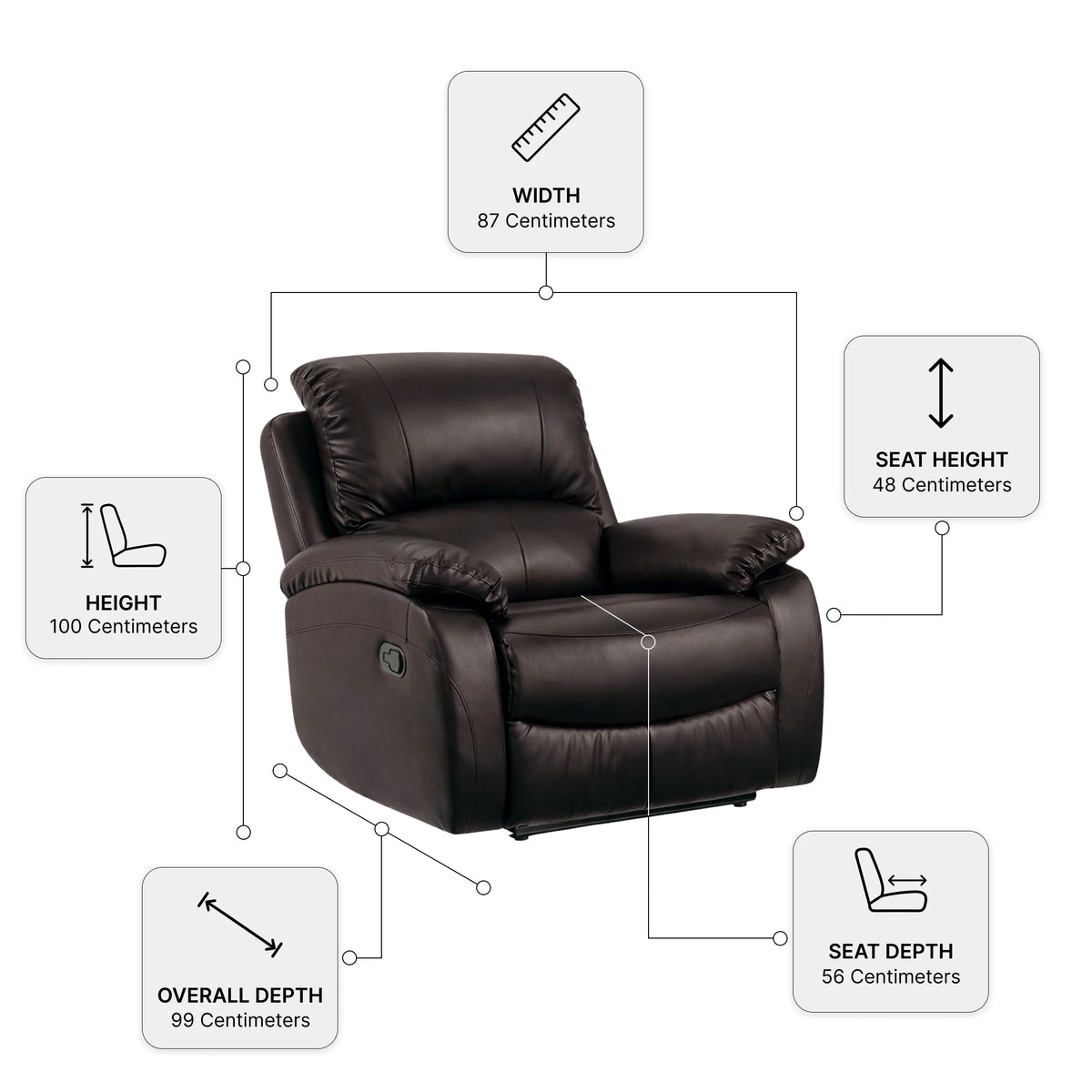 Roma Brown Leather Manual Recliner Armchair — Dimension diagram