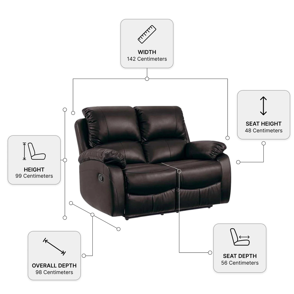 Roma Brown Leather Manual Recliner 2 Seater Sofa — Dimension diagram