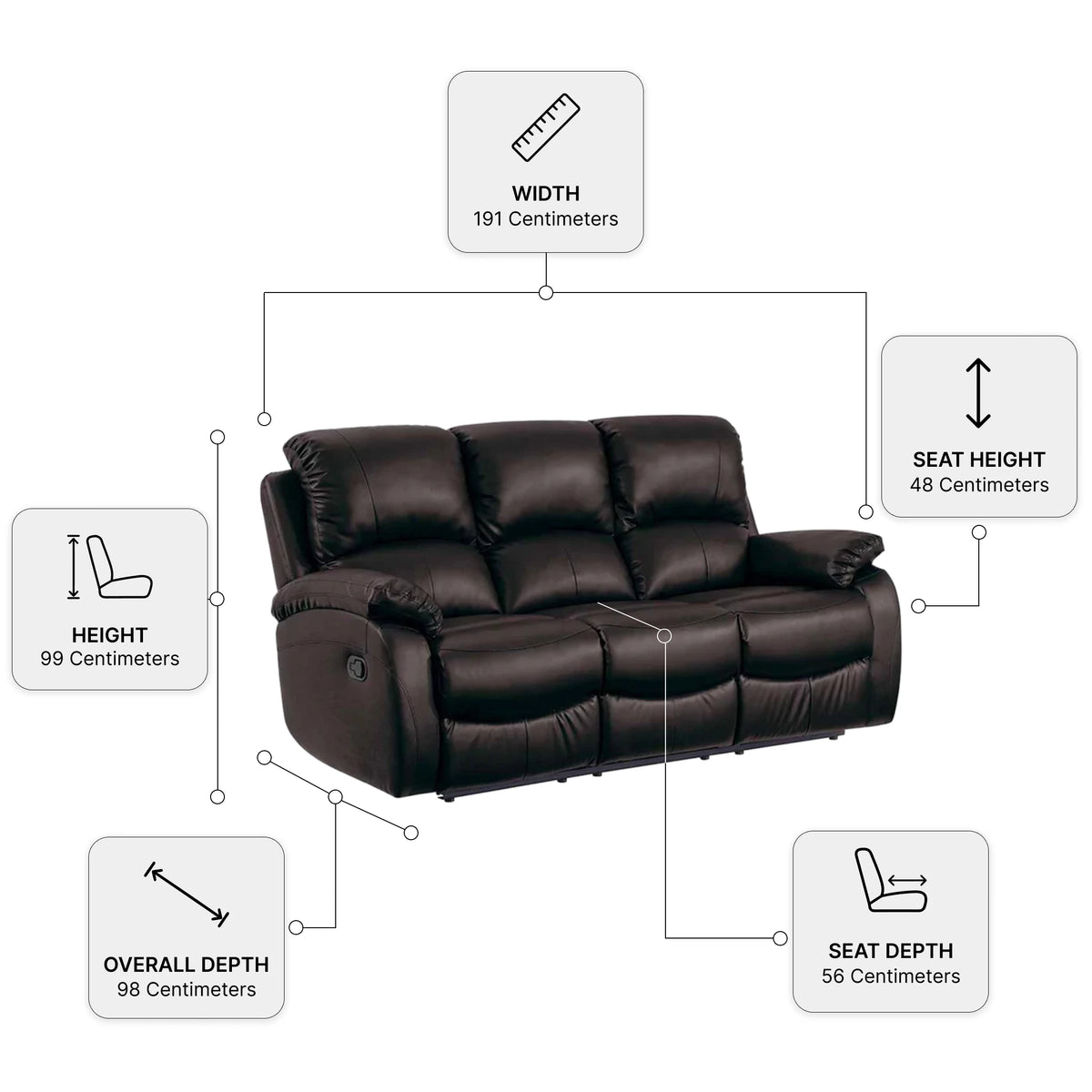 Roma Brown Leather Manual Recliner 3 Seater Sofa — Dimension diagram