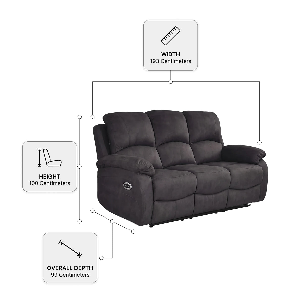 Roma Grey Fabric Electric Recliner 3 Seater Sofa — Dimension diagram