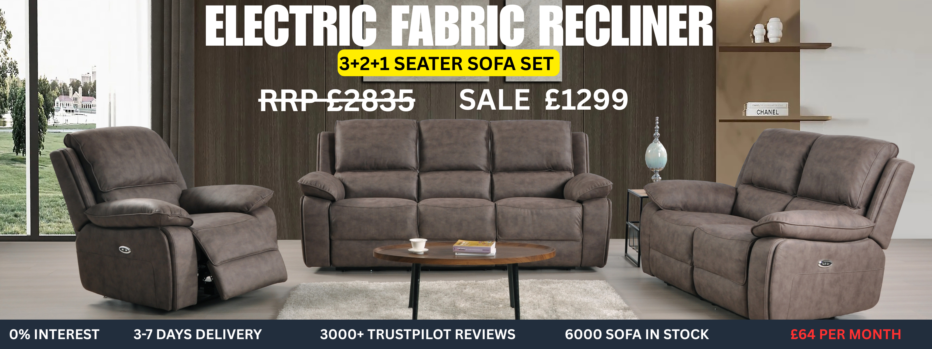 Electric fabric recliner sofa set with price and promotional text in a showroom setting.