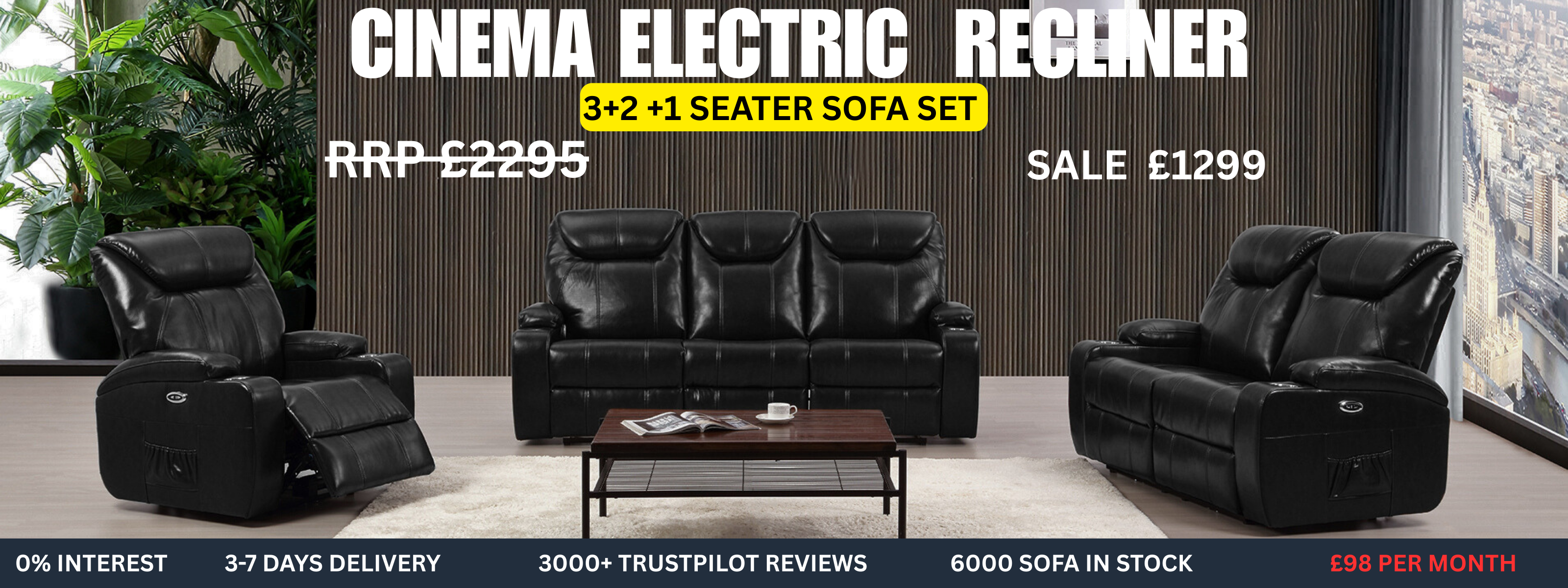 Black cinema electric recliner sofa set with promotional text in a modern living room setting.