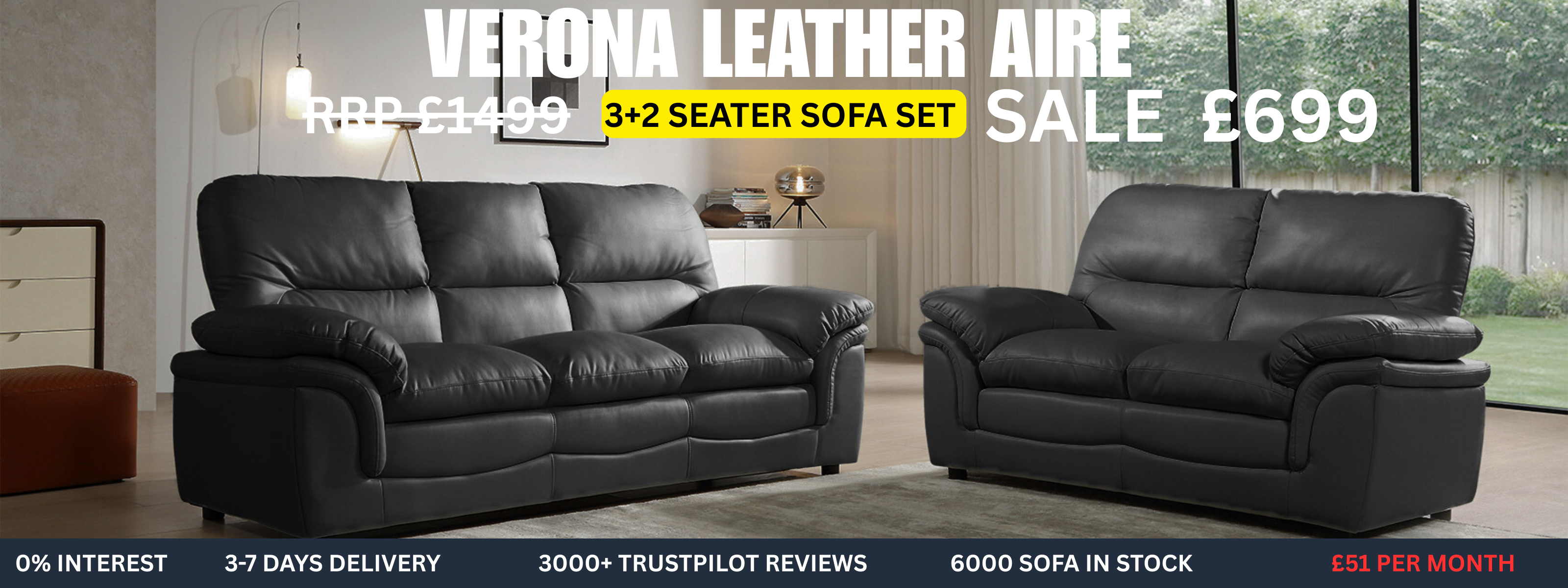 Verona Leather Aire sofa set on sale with price and promotional text.