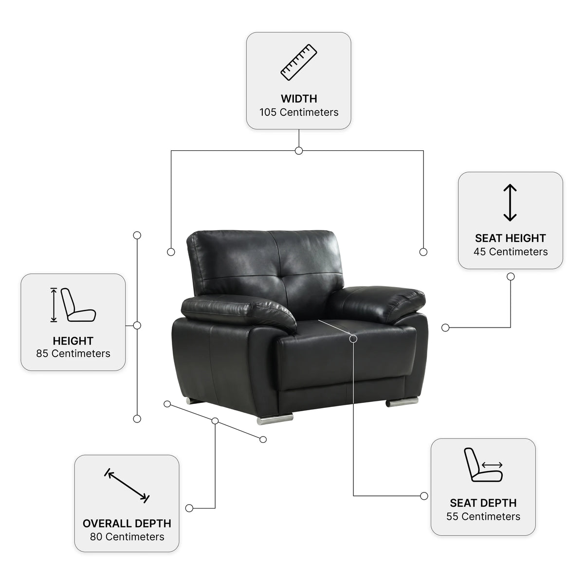 Sienna Black Leather Armchair — Dimension diagram