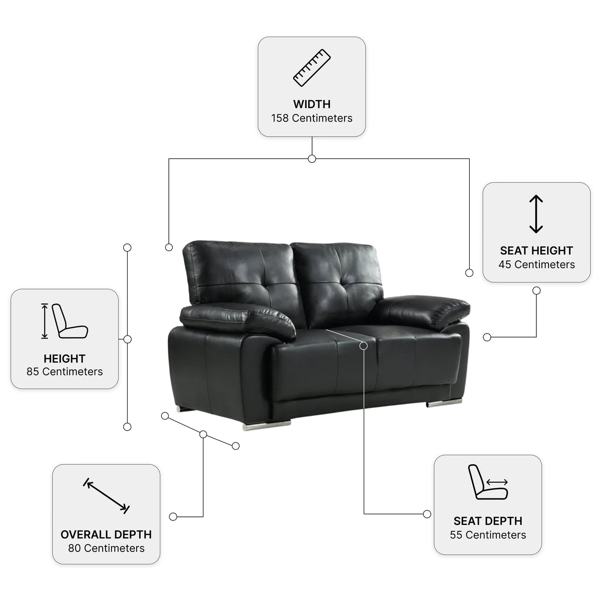 Sienna Black Leather 2 Seater Sofa — Dimension diagram