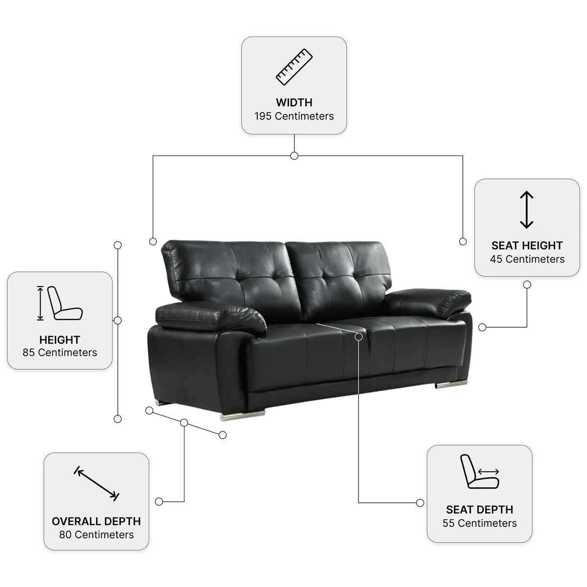Sienna Black Leather 3 Seater Sofa — Dimension diagram