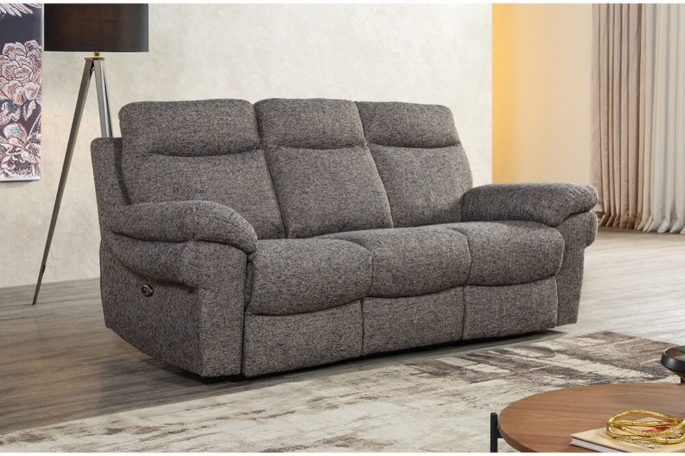 Brown fabric electric recliner 3-seater sofa in a cosy living room, featuring plush cushions, padded armrests, and supportive seating for ultimate comfort