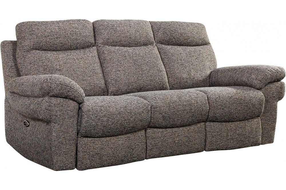Brown fabric electric recliner 3-seater sofa with padded armrests and plush cushions, displayed on a white background for product showcase and feature highlight.